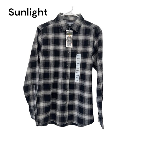 Eddie Bauer Mens Small Plaid Flannel Shirt Black & White Classic Button-Up - Picture 1 of 12